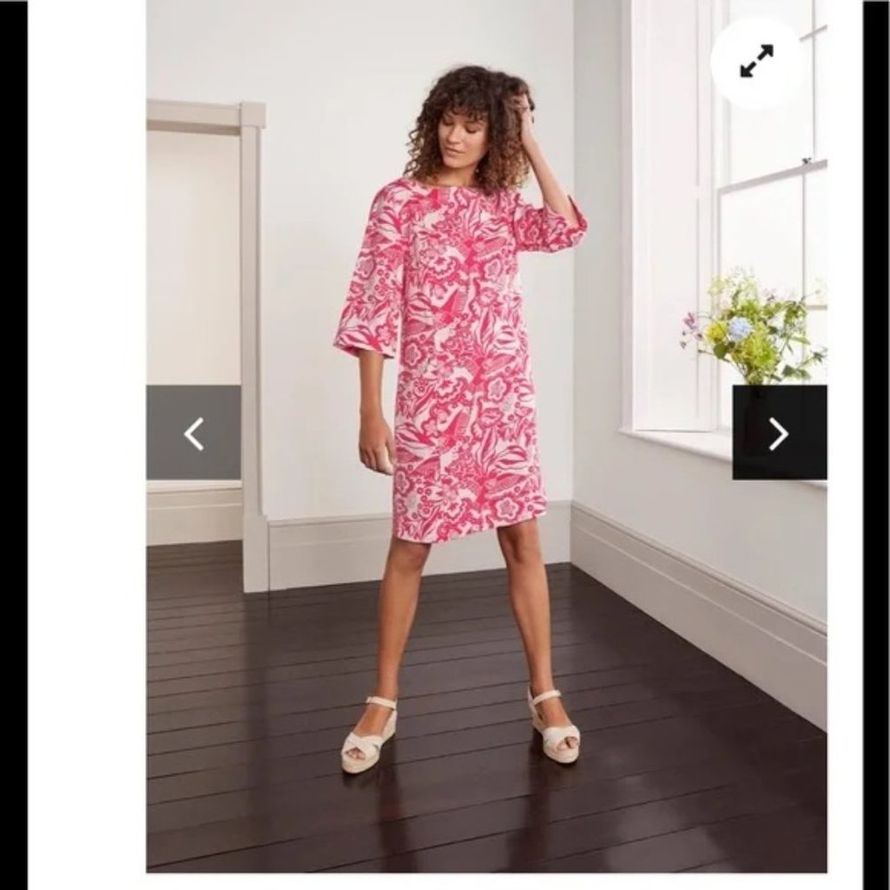 Boden Laurie Linen Dress 14L Lollipop Exotic Escape Semi-Fitted Pockets - Picture 2 of 9